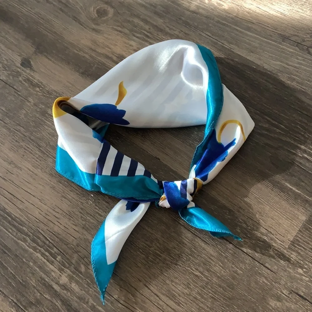New Silky‎ Satin Stripe Blue White Yellow Floral Square Neck Scarf